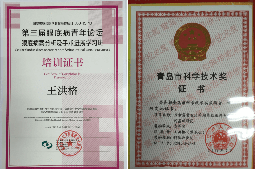 王洪格教授榮獲青島市科學(xué)技術(shù)獎+眼底病青年論壇培訓(xùn)證書